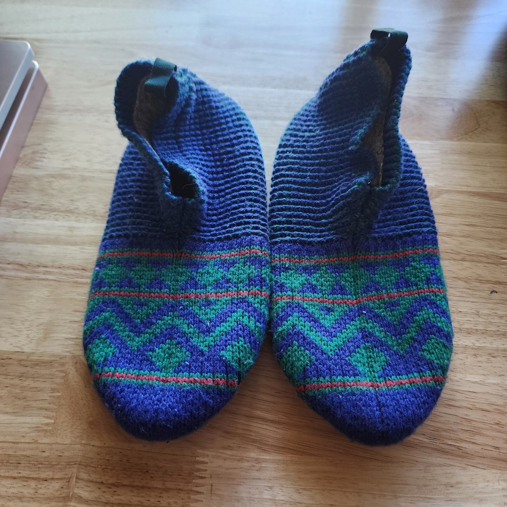 Bombas Gripper Slippers Womens Medium Blue Green Fair Isle Knit House Shoes